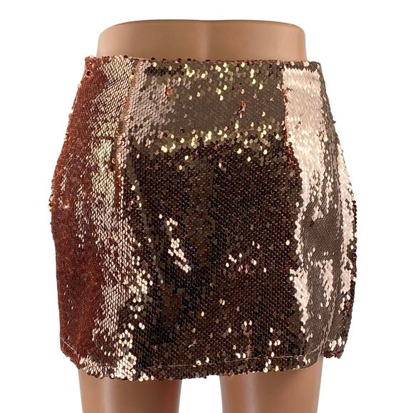 Superdown Sonya Rose Gold Sequin High Waisted Surplice Faux Wrap Mini Skirt XS - Picture 3 of 4